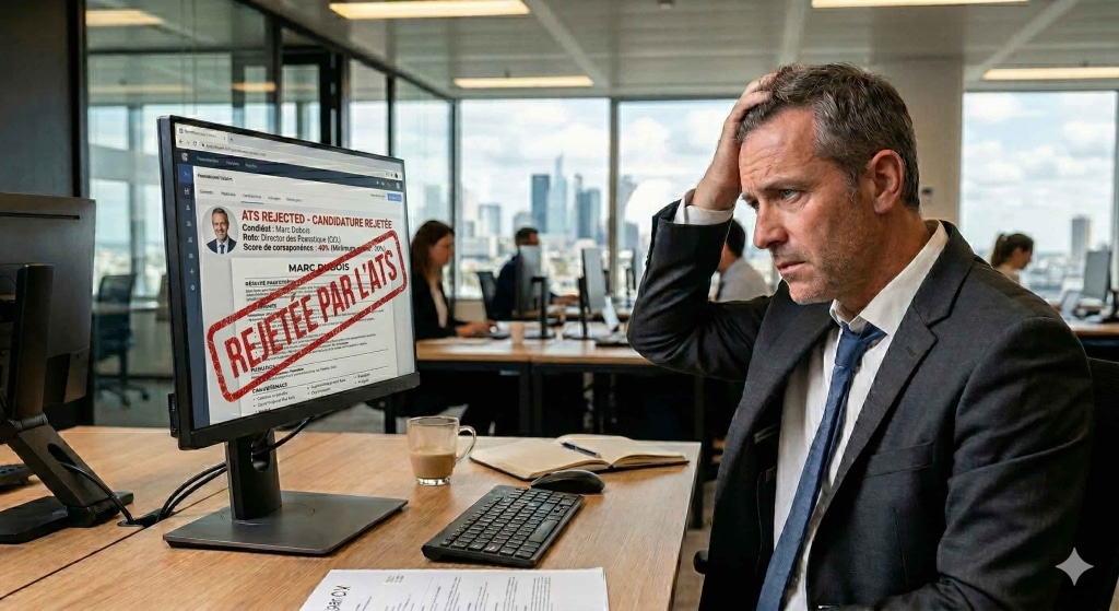 Cadre frustré face à un CV rejeté par un ATS sur son ordinateur
